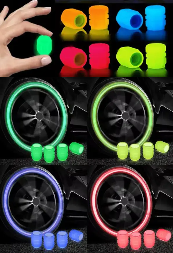 4Pcs Luminous Valve Caps – Night Glowing Tyre Caps for Car, Motorcycle & Bicycle